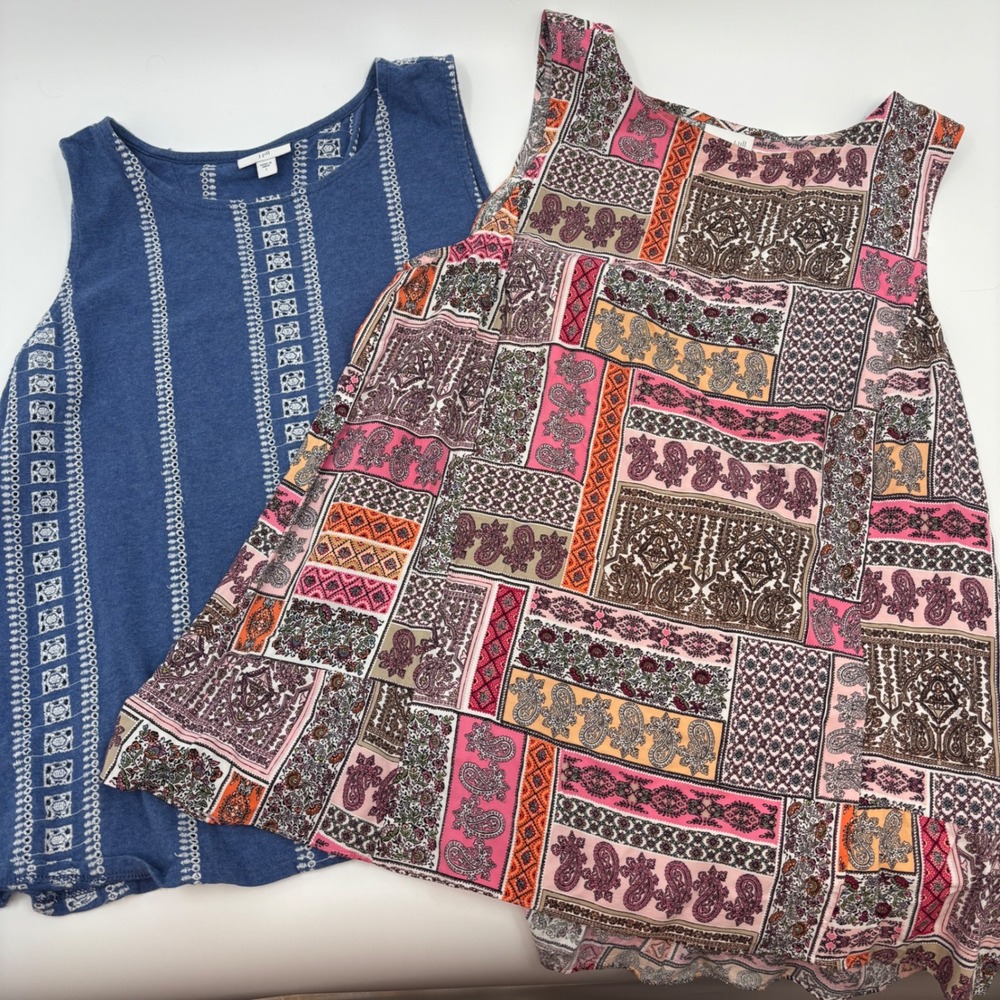 J. Jill Tank Top Lot Women Large Blue Eyelet & Patchwork Paisley Bundle of 2